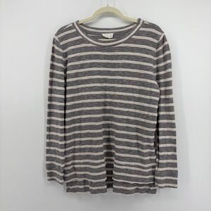 LOFT Womens S Grey Striped Long Sleeve Lounge Top Cotton French Terry Pullover